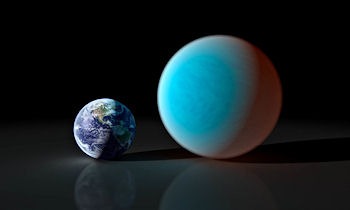 This artists concept contrasts our familiar Earth with the exceptionally strange planet known as 55 Cancri e. While it is only about twice the size of the Earth, NASA's Spitzer Space Telescope has gathered surprising new details about this supersized and superheated world. Astronomers first discovered 55 Cancri e in 2004, and continued investigation of the exoplanet has shown it to be a truly bizarre place. The world revolves around its sun-like star in the shortest time period of all known exoplanets  just 17 hours and 40 minutes. (In other words, a year on 55 Cancri e lasts less than 18 hours.) The exoplanet orbits about 26 times closer to its star than Mercury, the most Sun-kissed planet in our solar system. Such proximity means that 55 Cancri e's surface roasts at a minimum of 3,200 degrees Fahrenheit (1,760 degrees Celsius). The new observations with Spitzer reveal 55 Cancri e to have a mass 7.8 times and a radius just over twice that of Earth. Those properties place 55 Cancri e in the "super-Earth" class of exoplanets, a few dozen of which have been found.  However, what makes this world so remarkable is the resulting low density derived from these measurements. The Spitzer results suggest that about a fifth of the planet's mass must be made of light elements and compounds, including water. In the intense heat of 55 Cancri e's terribly close sun, those light materials would exist in a "supercritical" state, between that of a liquid and a gas, and might sizzle out of the planet's surface. Only a handful of known super-Earths, however, cross the face of their stars as viewed from our vantage point in the cosmos. At just 40 light years away, 55 Cancri e stands as the smallest transiting super-Earth in our stellar neighborhood. In fact, 55 Cancri is so bright and close that it can be seen with the naked eye on a clear, dark night.