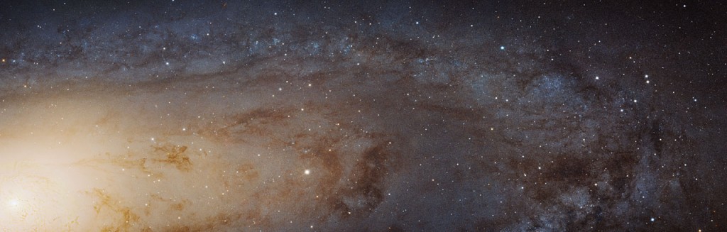 This image, captured with the NASA/ESA Hubble Space Telescope, is the largest and sharpest image ever taken of the Andromeda galaxy — otherwise known as M31. This is a cropped version of the full image and has 1.5 billion pixels. You would need more than 600 HD television screens to display the whole image. It is the biggest Hubble image ever released and shows over 100 million stars and thousands of star clusters embedded in a section of the galaxy’s pancake-shaped disc stretching across over 40 000 light-years. This image is too large to be easily displayed at full resolution and is best appreciated using the zoom tool.