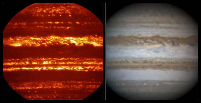 This view compares a lucky imaging view of Jupiter from VISIR (left) at infrared wavelengths with a very sharp amateur image in visible light from about the same time (right).